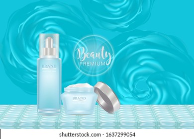 Beauty product ad design, blue cosmetic containers with advertising background ready to use, valentines concept skin care ad, illustration vector.