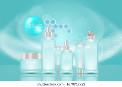 Beauty product ad design, blue cosmetic containers with collagen solution advertising background ready to use, luxury skin care banner, illustration vector.	