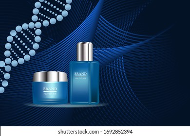 Beauty product ad design, blue cosmetic containers with collagen solution advertising background ready to use, luxury skin care banner, illustration vector.