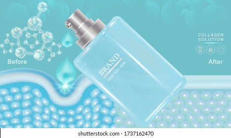 Beauty product ad design, blue cosmetic container with collagen solution advertising background ready to use, luxury skin care banner, illustration vector.