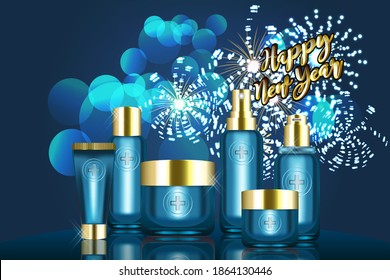 Beauty product ad design, blue cosmetic containers with holiday concept advertising background ready to use, luxury skin care banner, illustration vector.