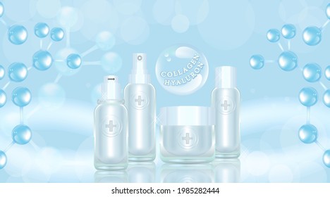 Beauty product ad design, blue cosmetic containers with collagen solution advertising background ready to use, luxury skincare banner, illustration vector.