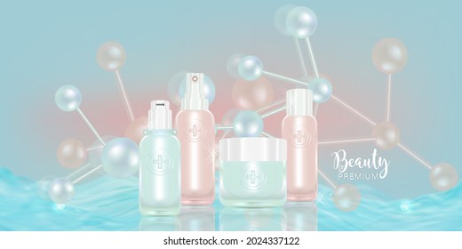 Beauty product ad design, blue and pink cosmetic containers with collagen solution advertising background ready to use, luxury skincare banner, illustration vector.