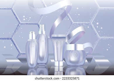 Beauty product ad design, blue cosmetic containers with holiday concept advertising background ready to use, luxury skin care banner, illustration vector.	