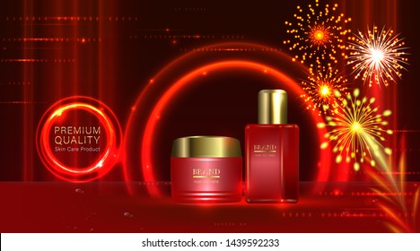 beauty product ad design, fireworks over red cosmetic containers with holiday concept advertising background ready to use, luxury skin care banner, illustration vector.