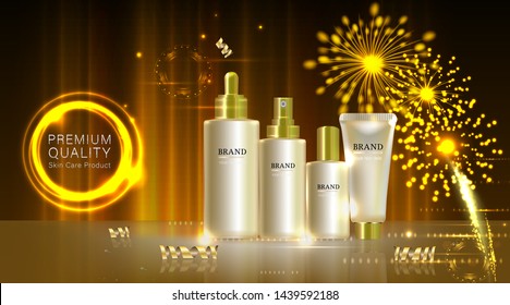 beauty product ad design, gold cosmetic containers with golden fireworks holiday concept advertising background ready to use, luxury skin care banner, illustration vector.