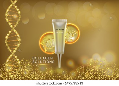 Beauty product ad design, gold cosmetic container with collagen solution advertising background ready to use, luxury skin care banner, illustration vector.	
