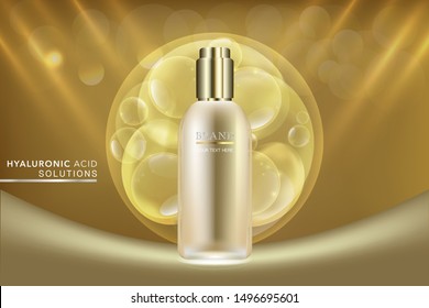 Beauty product ad design, gold cosmetic container with collagen solution advertising background ready to use, luxury skin care banner, illustration vector.