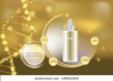Beauty product ad design, gold cosmetic container with collagen solution advertising background ready to use, luxury skin care banner, illustration vector.	

