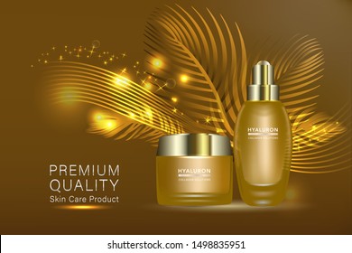 Beauty product ad design, gold cosmetic containers with natural concept advertising background ready to use, luxury skin care banner, illustration vector.	