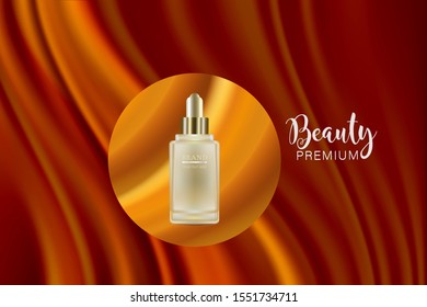 Beauty product ad design, gold cosmetic container with holiday concept advertising background ready to use, luxury skin care banner, illustration vector.	
