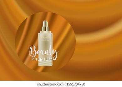 Beauty product ad design, gold cosmetic container with holiday concept advertising background ready to use, luxury skin care banner, illustration vector.	
