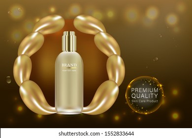 Beauty product ad design, gold cosmetic container with collagen solution advertising background ready to use, luxury skin care banner, illustration vector.	