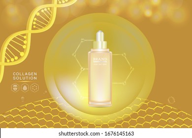 Beauty product ad design, gold cosmetic container with collagen solution advertising background ready to use, luxury skin care banner, illustration vector.	