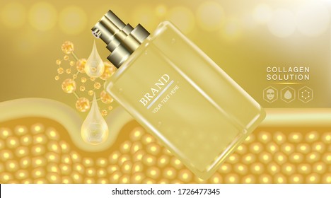 Beauty product ad design, gold cosmetic container with collagen solution advertising background ready to use, luxury skin care banner, illustration vector.