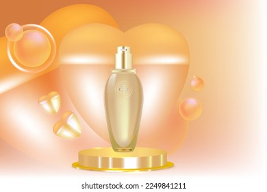 Beauty product ad design, a gold cosmetic container with valentine's concept advertising background ready to use, luxury skincare banner, illustration vector.