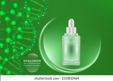 Beauty product ad design, green cosmetic container with collagen solution advertising background ready to use, luxury skin care banner, illustration vector.	