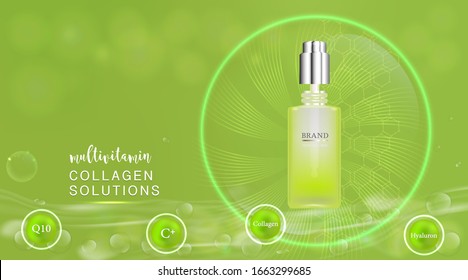 Producto de belleza y diseño, contenedor cosmético verde con colágeno solución de publicidad de fondo listo para usar, banner de cuidado de la piel de lujo, vector de ilustración.	