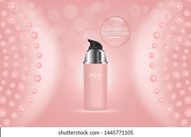 Beauty product ad design, pink cosmetic containers with collagen solution advertising background ready to use, luxury skin care banner, illustration vector.