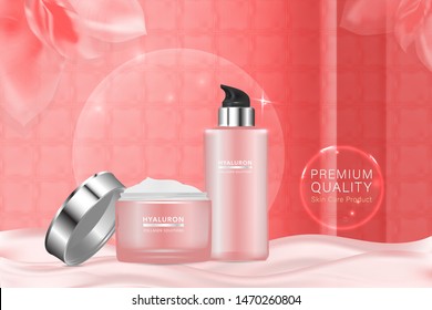 Beauty product ad design, pink cosmetic containers with collagen solution advertising background ready to use, luxury skin care banner, illustration vector.