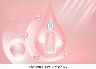 Beauty product ad design, pink cosmetic container with collagen solution advertising background ready to use, luxury skin care banner, illustration vector.