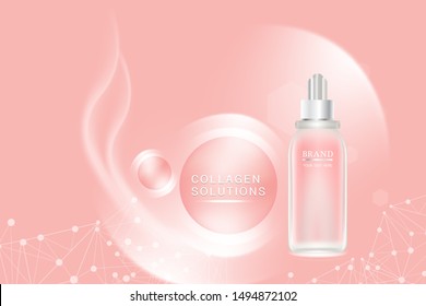 Beauty product ad design, pink cosmetic container with collagen solution advertising background ready to use, luxury skin care banner, illustration vector.