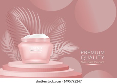 Beauty product ad design, pink cosmetic container with collagen solution advertising background ready to use, luxury skin care banner, illustration vector.	
