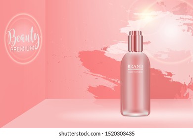 Beauty product ad design, pink cosmetic container with realistic advertising background ready to use, luxury skin care banner, illustration vector.