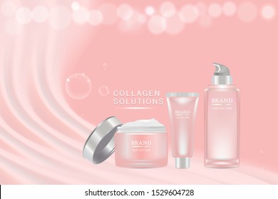 Beauty product ad design, pink cosmetic containers with collagen solution advertising background ready to use, luxury skin care banner, illustration vector.	
