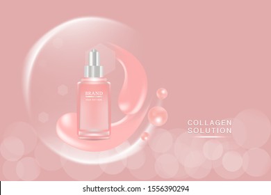 Beauty product ad design, pink cosmetic container with collagen solution advertising background ready to use, luxury skin care banner, illustration vector.	