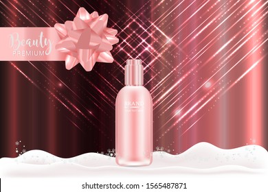 Beauty product ad design, pink cosmetic container with holiday concept advertising background ready to use, luxury skin care banner, illustration vector.