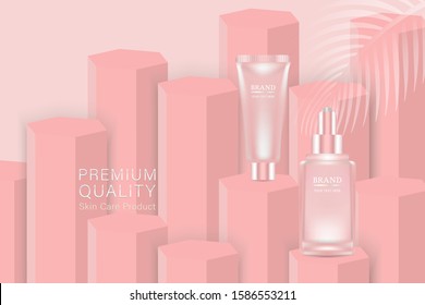 Beauty product ad design, pink cosmetic container with collagen solution advertising background ready to use, luxury skin care banner, illustration vector.	