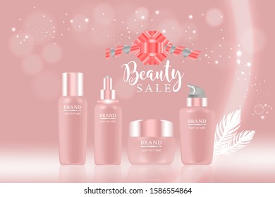 Beauty product ad design, pink cosmetic containers with holiday concept advertising background ready to use, luxury skin care banner, illustration vector.