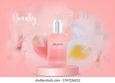 Beauty product ad design, pink cosmetic container with natural concept advertising background ready to use, luxury skin care banner.