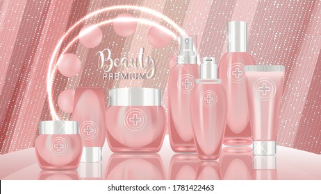 Beauty product ad design, pink cosmetic containers with collagen solution advertising background ready to use, luxury skin care banner, illustration vector.	
	
