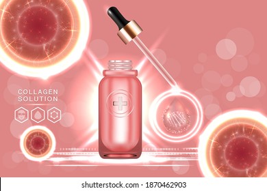 Beauty product ad design, pink cosmetic container with collagen solution advertising background ready to use, luxury skin care banner, illustration vector.