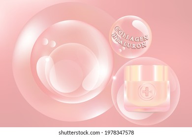 Beauty product ad design, a pink cosmetic container with collagen solution advertising background ready to use, luxury skincare banner, illustration vector.