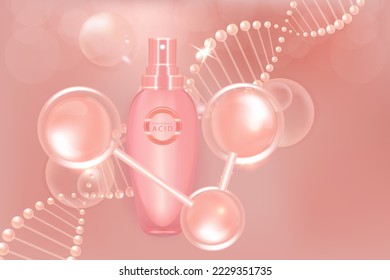 Beauty product ad design, a pink cosmetic container with hyaluronic acid collagen solution advertising background ready to use, luxury skincare banner, illustration vector.