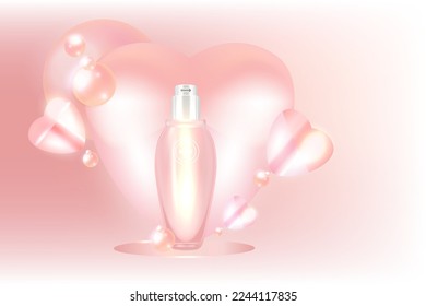 Beauty product ad design, a pink cosmetic container with valentine's concept advertising background ready to use, luxury skincare banner, illustration vector.