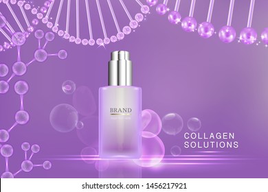 Beauty product ad design, purple cosmetic container with collagen solution advertising background ready to use, luxury skin care banner, illustration vector.