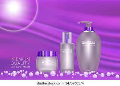 Beauty product ad design, purple cosmetic containers with holiday concept advertising background ready to use, luxury skin care banner, illustration vector.