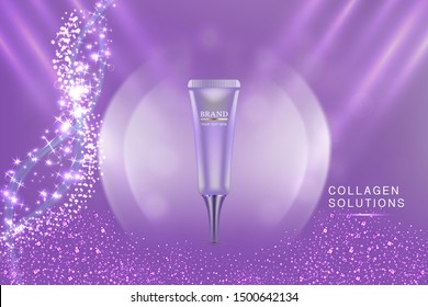 Beauty product ad design, purple cosmetic container with collagen solution advertising background ready to use, luxury skin care banner, illustration vector.