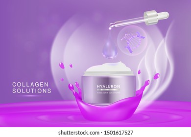 Beauty product ad design, purple cosmetic container with collagen solution advertising background ready to use, luxury skin care banner, illustration vector.	