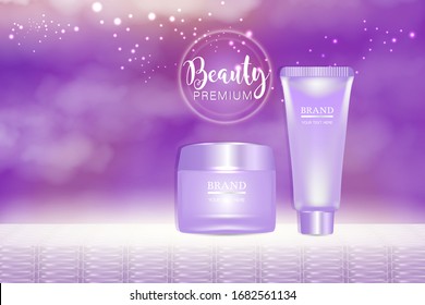 Beauty product ad design, purple cosmetic containers with natural concept advertising background ready to use, luxury skin care banner, illustration vector.