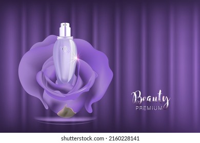Beauty product ad design, a purple cosmetic container with collagen solution advertising background ready to use, luxury skincare banner, illustration vector.	