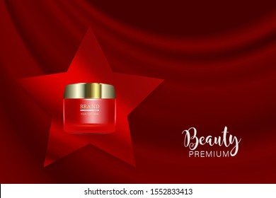 Beauty product ad design, red cosmetic container with holiday concept advertising background ready to use, luxury skin care banner, illustration vector.