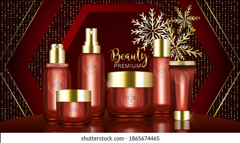 Beauty product ad design, red cosmetic containers with holiday concept advertising background ready to use, luxury skin care banner, illustration vector.