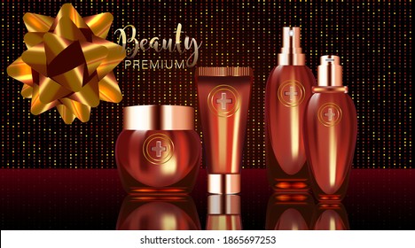 Beauty product ad design, red cosmetic containers with holiday concept advertising background ready to use, luxury skin care banner, illustration vector.
