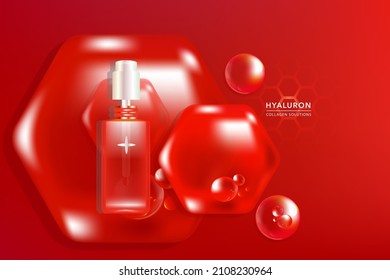 Beauty product ad design, a red cosmetic container with collagen solution advertising background ready to use, luxury skincare banner, illustration vector.	