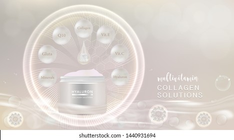 Beauty product ad design, white cosmetic container with multivitamins collagen solution concept advertising background ready to use, luxury skin care banner, illustration vector.